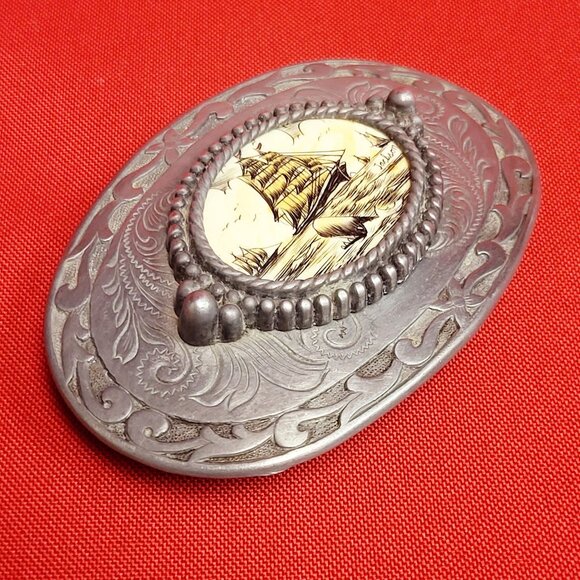 Belt Buckle Sailing Ship Boat Clipper Schooner Galleon Centerpiece Oval - Picture 5 of 9